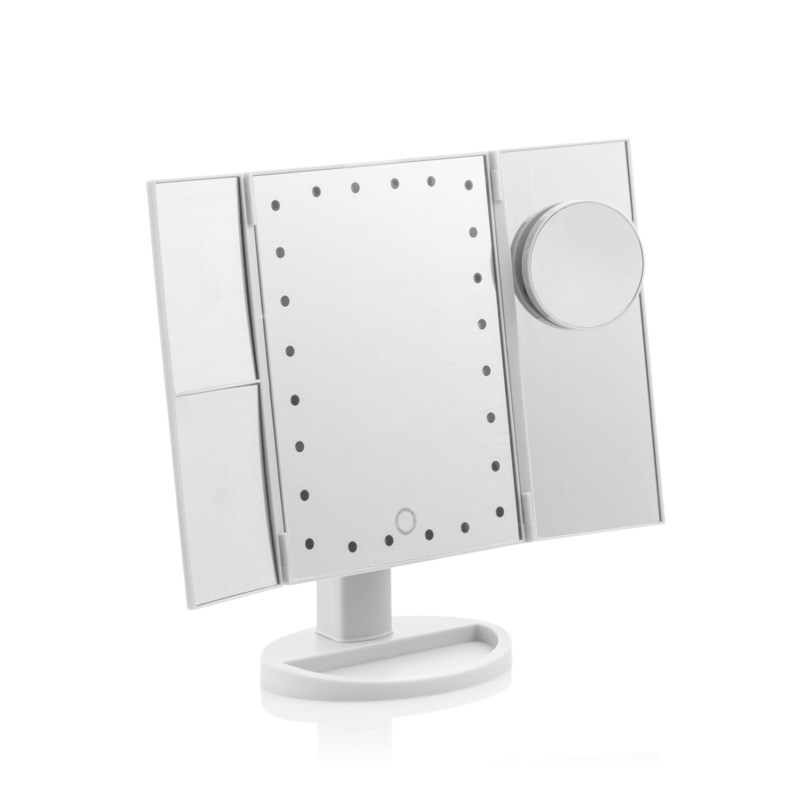 InnovaGoods - Espejo LED Aumento 4 en 1, Espejo 24 LED Luz Blanca, Ángulos Ajustables 360º, Zonas de Aumento x1 x2 x3, Función Pilas y USB, Tamaño 18x29x12cm, Color Blanco.