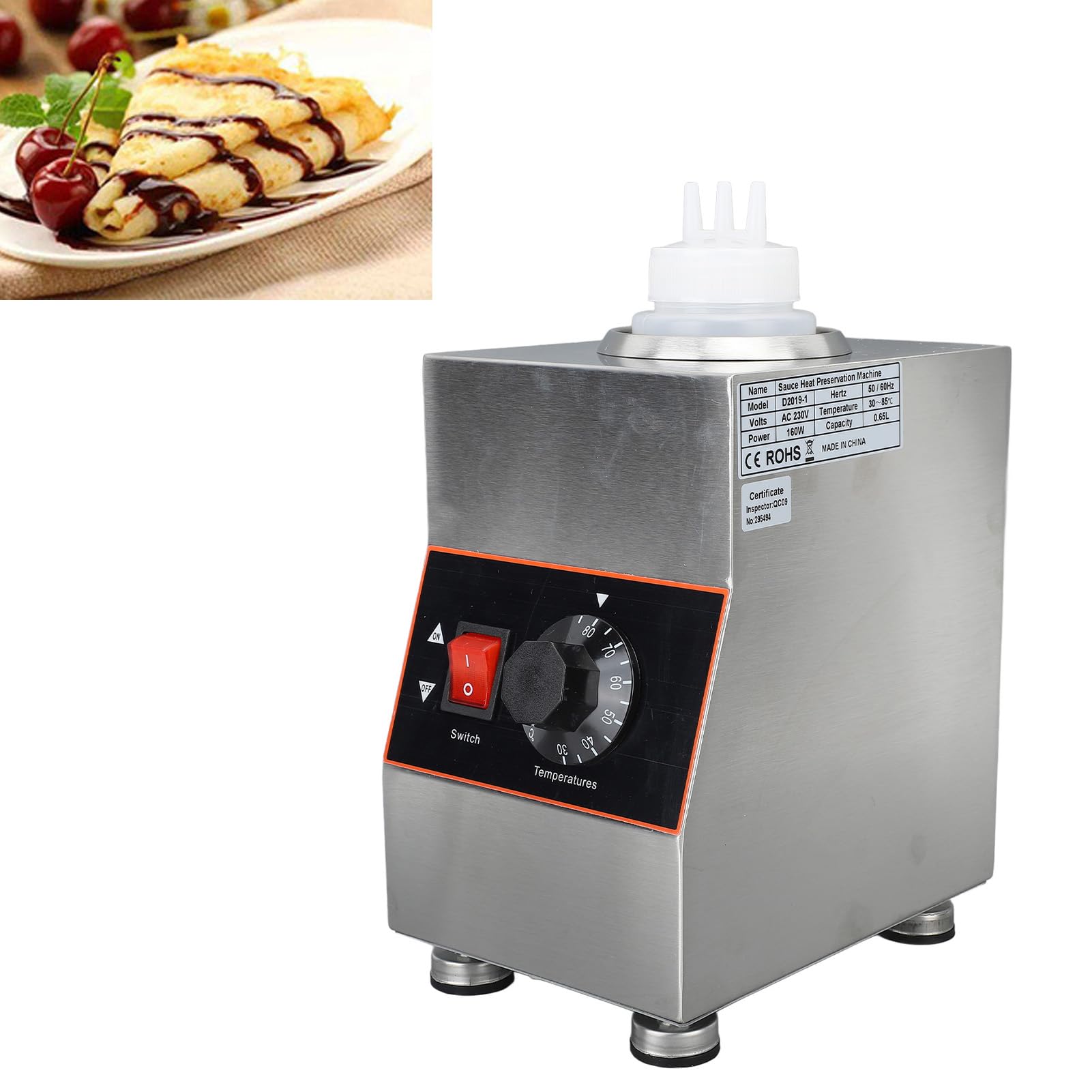 Calentador Eléctrico de Botellas de Salsa, Calentador de Queso Nacho con Botella de 650ML, Calentador de Salsa de Mermelada de Caramelo y Queso Caliente 86-185℉ (Enchufe europeo