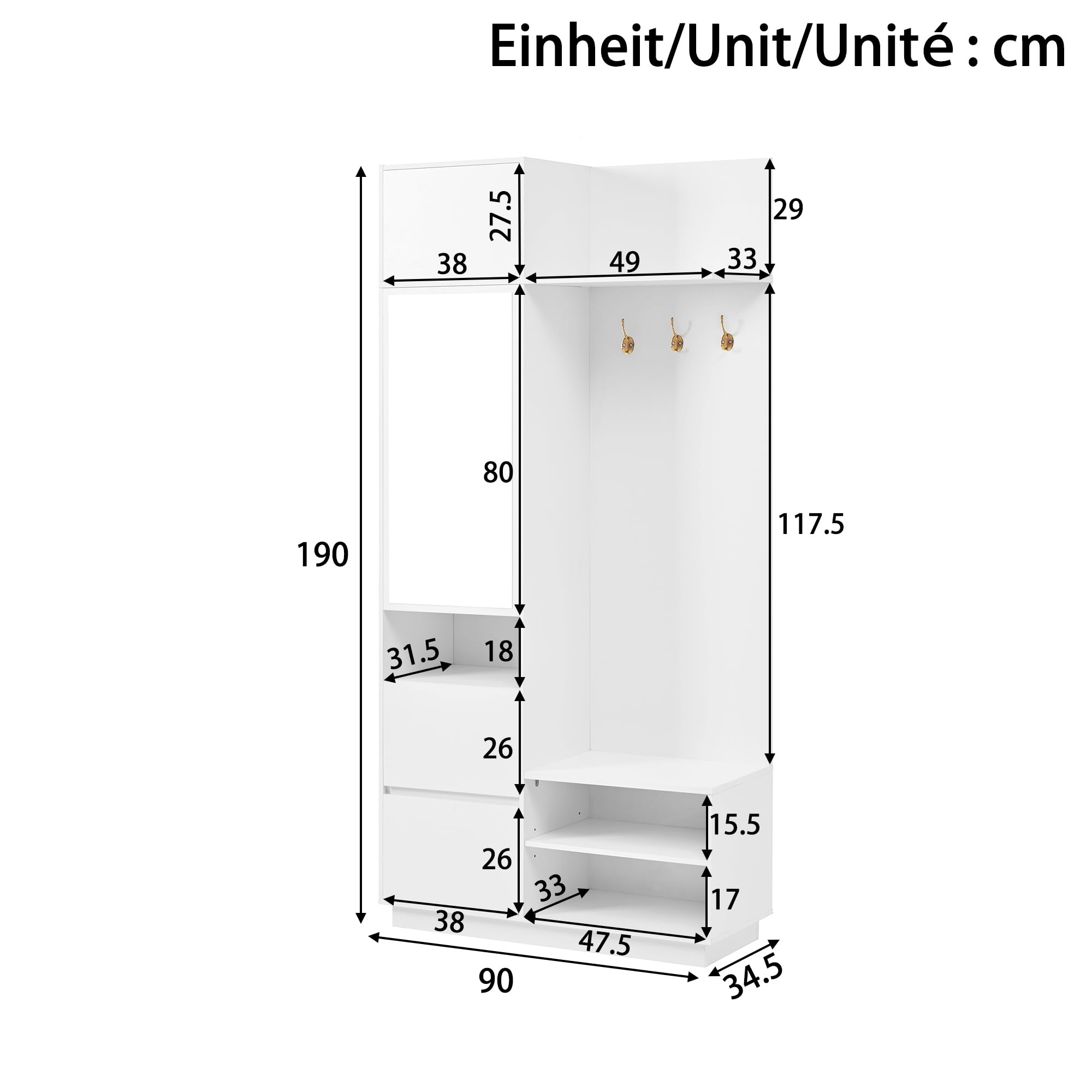 Garderobenset Hoch 190 cm mit Spiegel und Sitzbank, Garderobenschrank Flurgarderoben Set mit Haken und Schuhschrank, Weiß