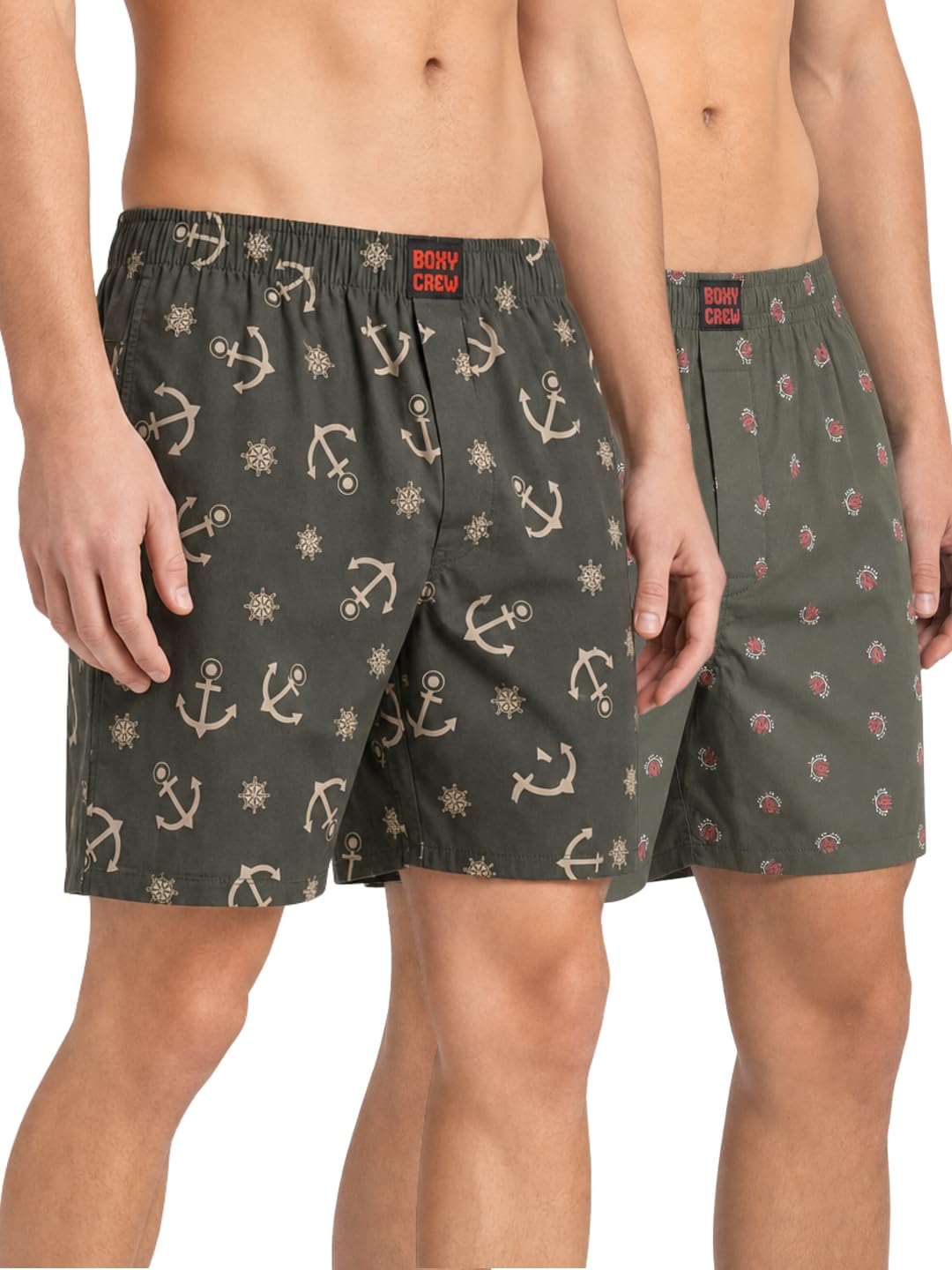 boxy crew Men's 100% Cotton Printed Boxer Shorts Pack of 2 with Dual Side Pockets and Fabric-Covered Waistband - Olive/Olive, Styles MBX020, MBX026-picture-46