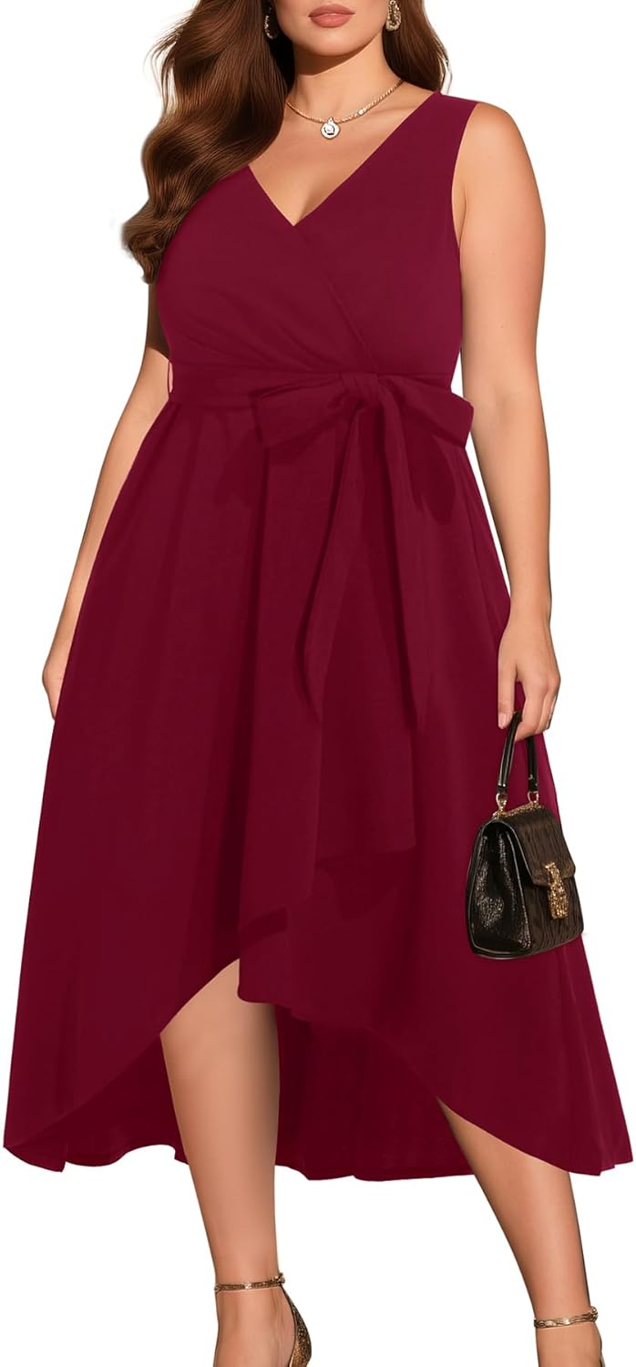 Pinup Fashion Plus Size Dresses for Wedding Guest - Women 2025 Cocktail Semi Formal High Low Sleeveless Dress