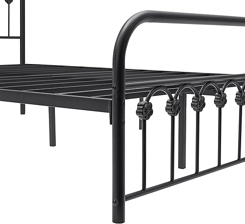 Miniatura 6 de VECELO Base de cama clásica de metal con cabecera y estribo de estilo victoriano, no necesita somier, tamaño Queen