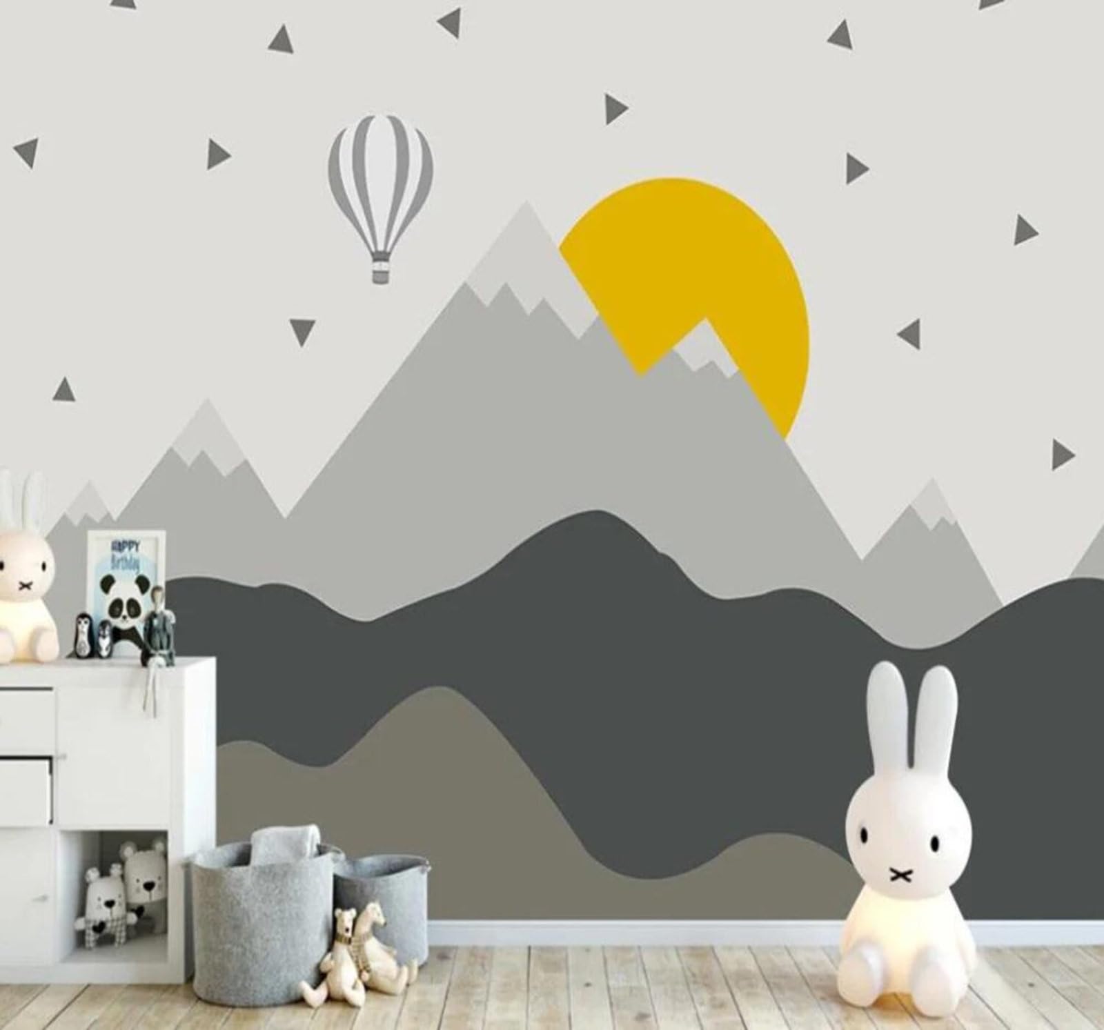Tzxztt 350Cm×256Cm(B×H) Cartoon Creative Hand Drawn Geometric Mountain Peaks Hot Air Balloon Modern 3D Wallpaper Premium Textured Silk Neutral Tones Material Ideal For Living Room Bedroom-350Cm×256Cm