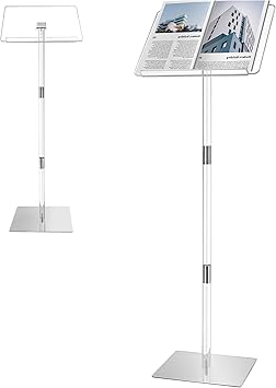 Podium Stand, Lecterns & Podiums, Acrylic Podium, Portable Podium Stand, Adjustable Angles with Metal Base, Podium for Classroom, Church, Weddings, Speech, 16" L x 12" W x 46" H, Clear