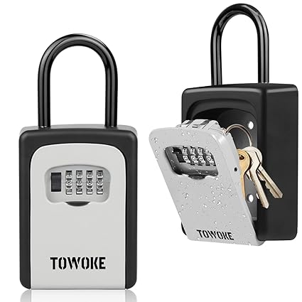 TOWOKE Key Lock Box For Outside - Weatherproof Lock box For House Key, Resettable 4-Digit Combination Lockbox, Key Storage with Loop for House, Hotels, Airbnb, Schools, Large Capacity -Updated Version