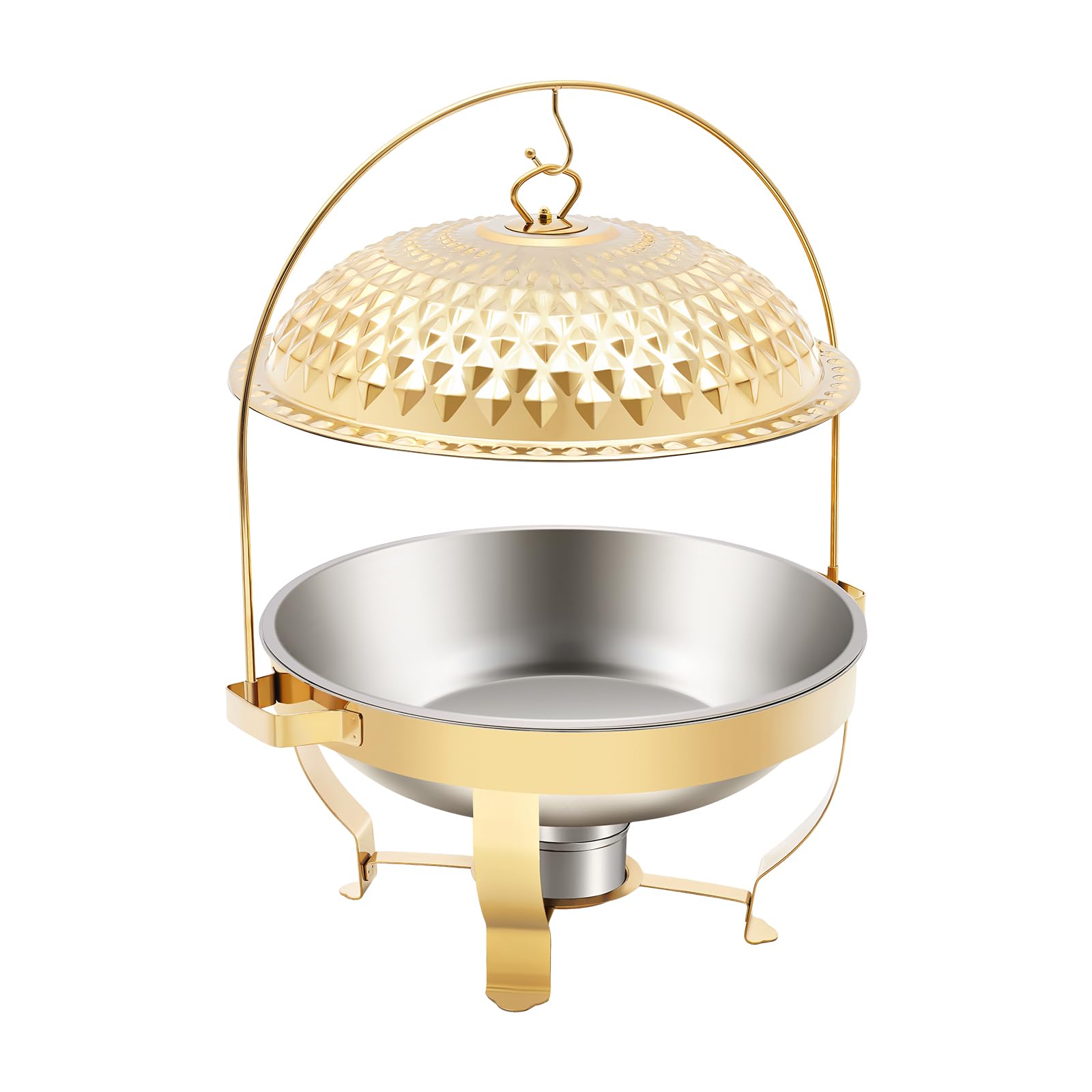Chafing Dish Buffet, scaldavivande in acciaio inox, contenitore rotondo da 8 l, con bruciatore, utensile da portata a buffet, oro con coperchio, per catering, matrimoni, feste, feste di famiglia