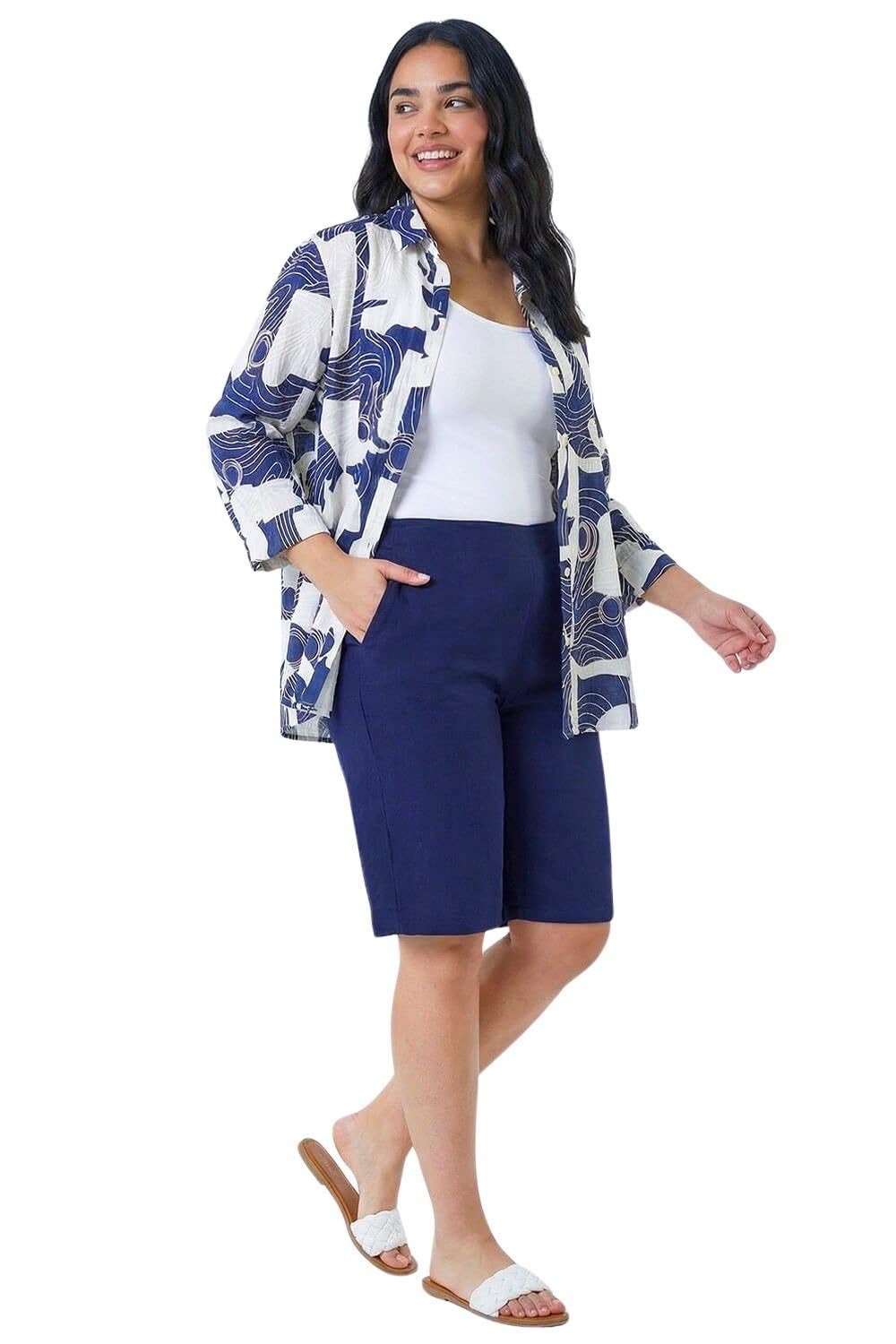 Roman Knee Length Shorts for Women UK - Ladies Cropped Capri Stretch Bengaline Pants Crop Trousers Summer Legging Lounge Essentials Elasticated Casual Clothes - Navy Plus - Size 3032