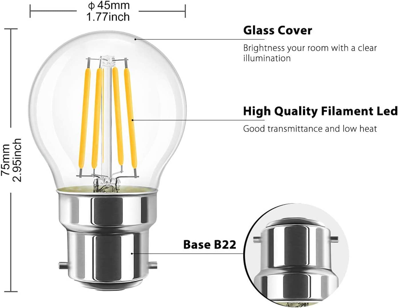 Żarówka, Żarówka LED B22 Filament 4W Żarówka bagnetowa G45 Wymiana 40W Rustykalna czysta klasa energetyczna A+ 6PACK (Color : Cold White 6000k)