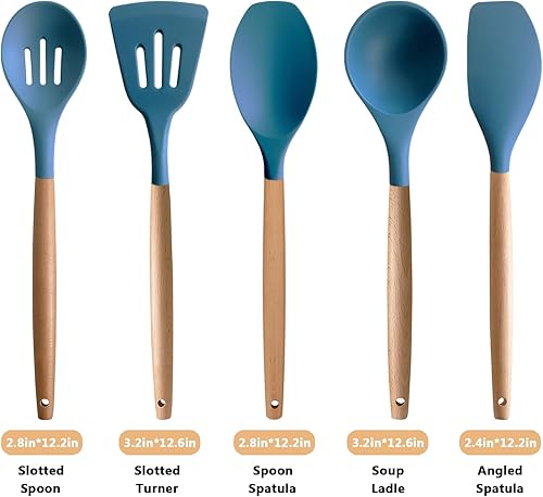 Miniatura 3 de Juego de utensilios de cocina de silicona, 5 piezas antiadherentes de silicona para cocina, espátula, cucharón con mango de madera, utensilios de