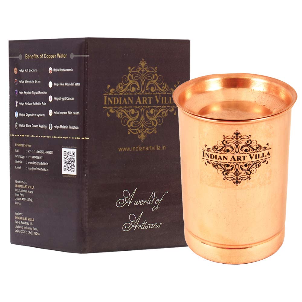 Indian Art VillaPure Copper Glass With Lid, Plain Design Tumbler Cup For Water Storage, 300 ML