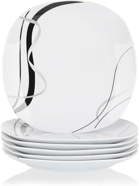 VEWEET 'Fiona' 6-Piece 7.5" Ivory White Porcelain Black Decals Round Plates Dinning Set Ketchen Service Porcelain China Dessert Dinner Plate Dishes (19.2 * 19.2 * 2)