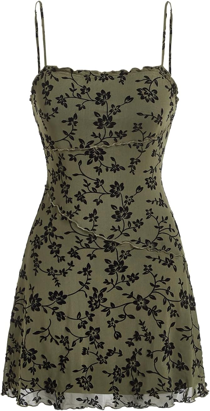 Women's Mini Dress Floral Spaghetti Strap Mesh Short Dresses Going Out Sundress Y2k Gothic Clothes