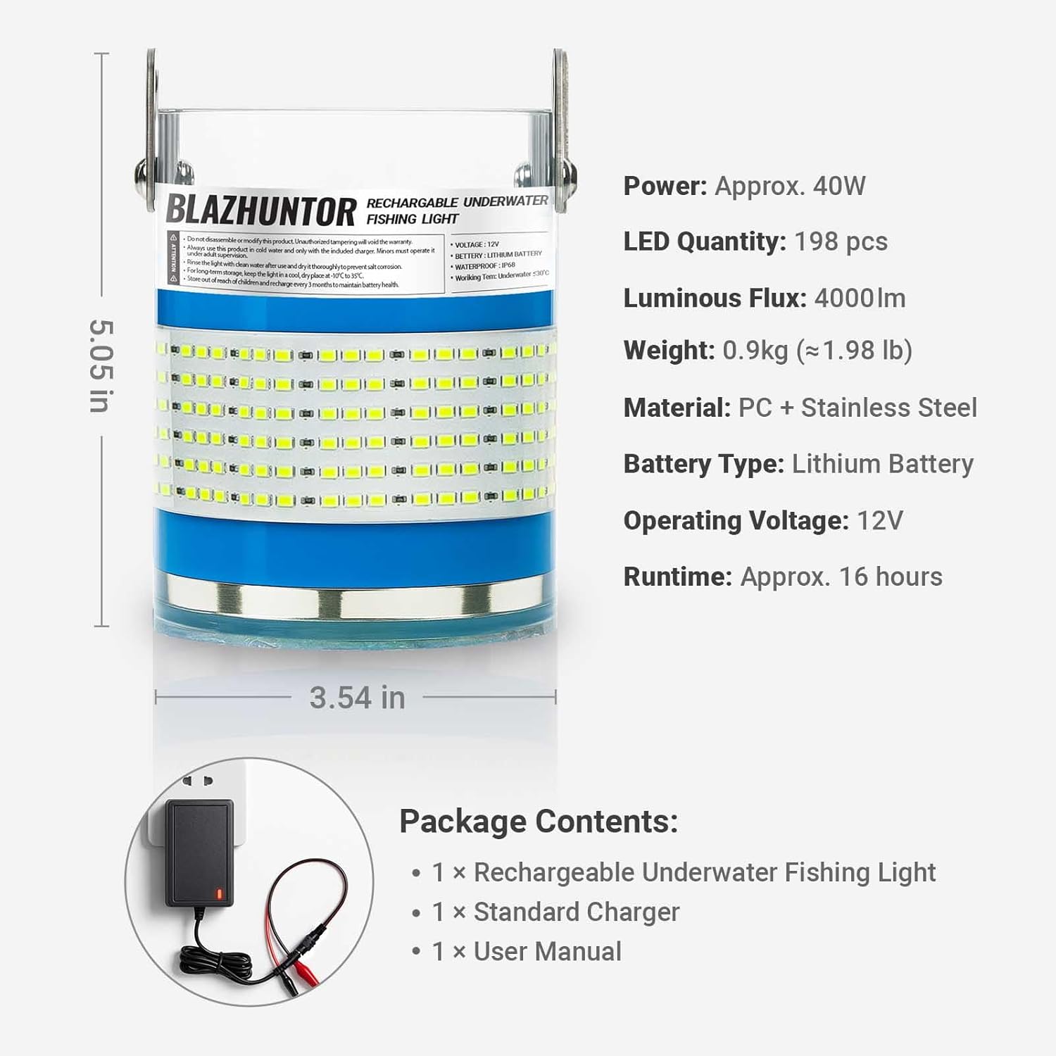 Rechargeable Underwater Fishing Light,Auto On in Water,Multi-Color Options, Up to 16000lm, IP68 Waterproof,No External Power,Cordless,Night Boat Dock Ice Fishing