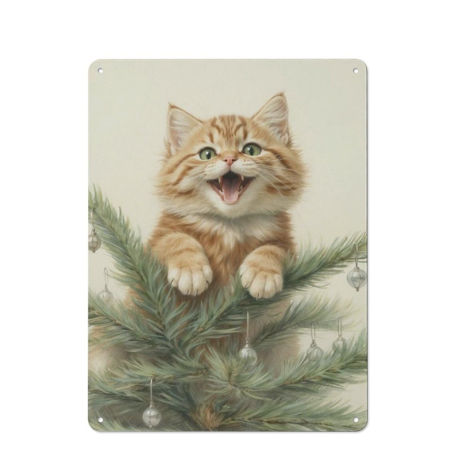 Junmoney Kitten In Christmas Tree Printed Metal Sign 40X30cm For Café Or Restaurant, For Hospitality Interior Collectors