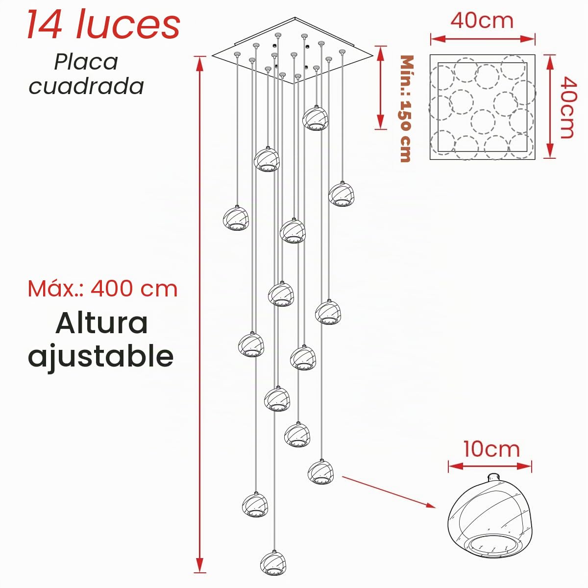 H.W.S Moderna lámpara colgante LED para mesa de comedor, lámpara de araña Villa, altura regulable, lámpara de cristal para cocina, pasillo, escalera, salón, hotel (cuadrado, 14 focos)