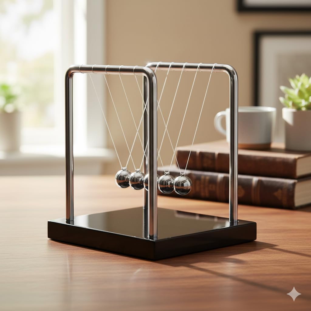 Newtons Cradle Balance Pendulum 5 Balls, Wooden Base Newton's Cradle, Desktop Calm Down Fidgets Kit, Office Home Desk Décor, Fun Science Physics Accessories for Adults