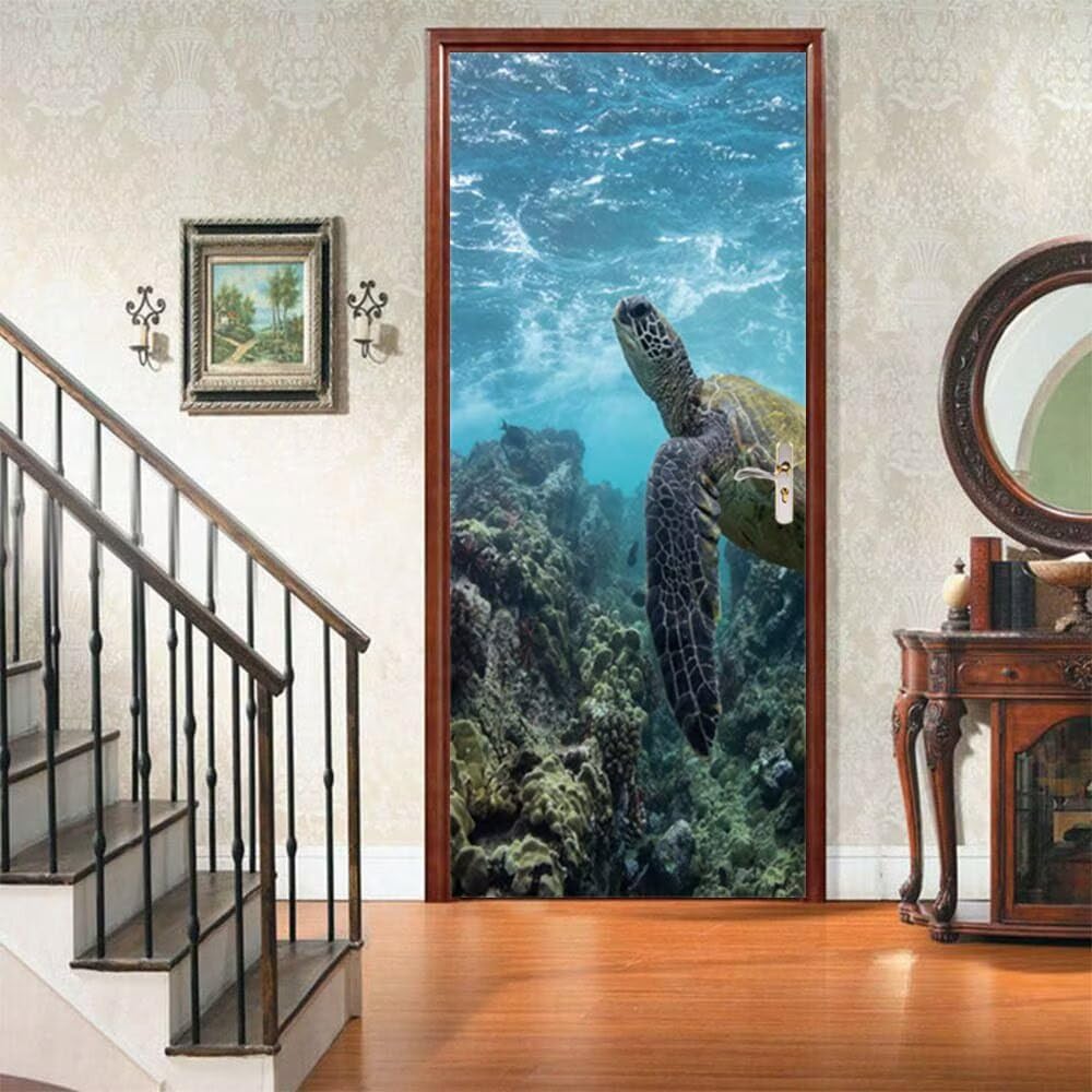 Stickers Porte 3D Trompe l'oeil Mural Tortue Fonds Marins Autocollants de Décoration pour Porte Sticker Mural Interieure Papier Peint Imperméable pour Salon Cuisine Chambre 95X215 -MT2357