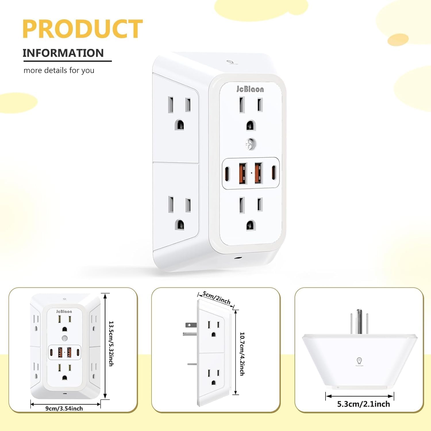 3 Pack Outlet Extender with Night Light, 6 Outlet Surge Protector Extender with 4 USB Ports (2 USB C), 3-Sided 1050J Multi Plug Wall Outlet for Home Office Dorm Room