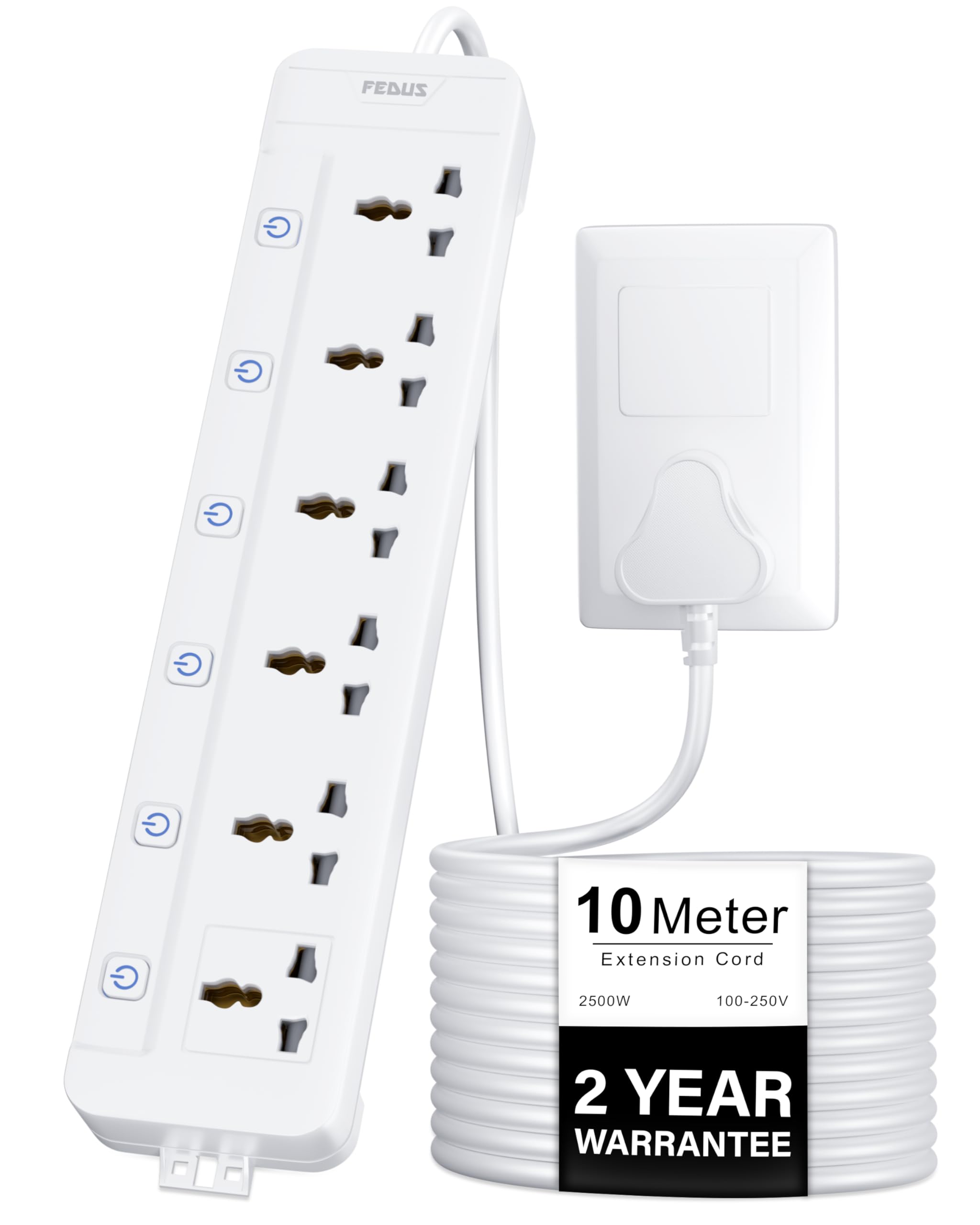FEDUS Surge Protector, 6 Universal Sockets with Individual Switch, 10 Meter 32 Feet Long Cable, Extension Board Cord, Automatic Overload Protection, Fireproof Power Strip Switch Board, Spike Guard