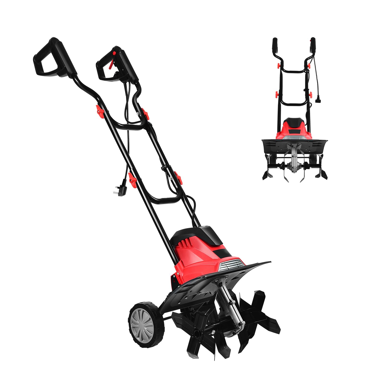 SOARS Motobinadora eléctrica 1500 W, ancho 35 cm, profundidad 22 cm, ruedas plegables y altura ajustable, diseño doble seguridad, motocultor eléctrico para invernadero, jardín, campo, patio trasero (4