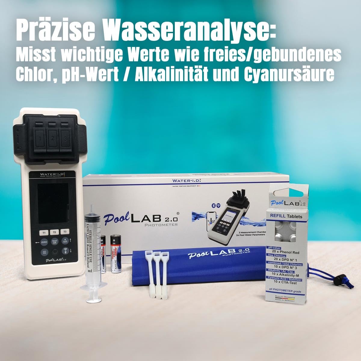 PoolLab 2.0 Photometer inkl. Nachfüllpack - Professioneller Pooltester mit Bluetooth & WiFi - Wasserdicht nach IP68 - Misst 24 Parameter - Wasseranalyse für Pools und Spa