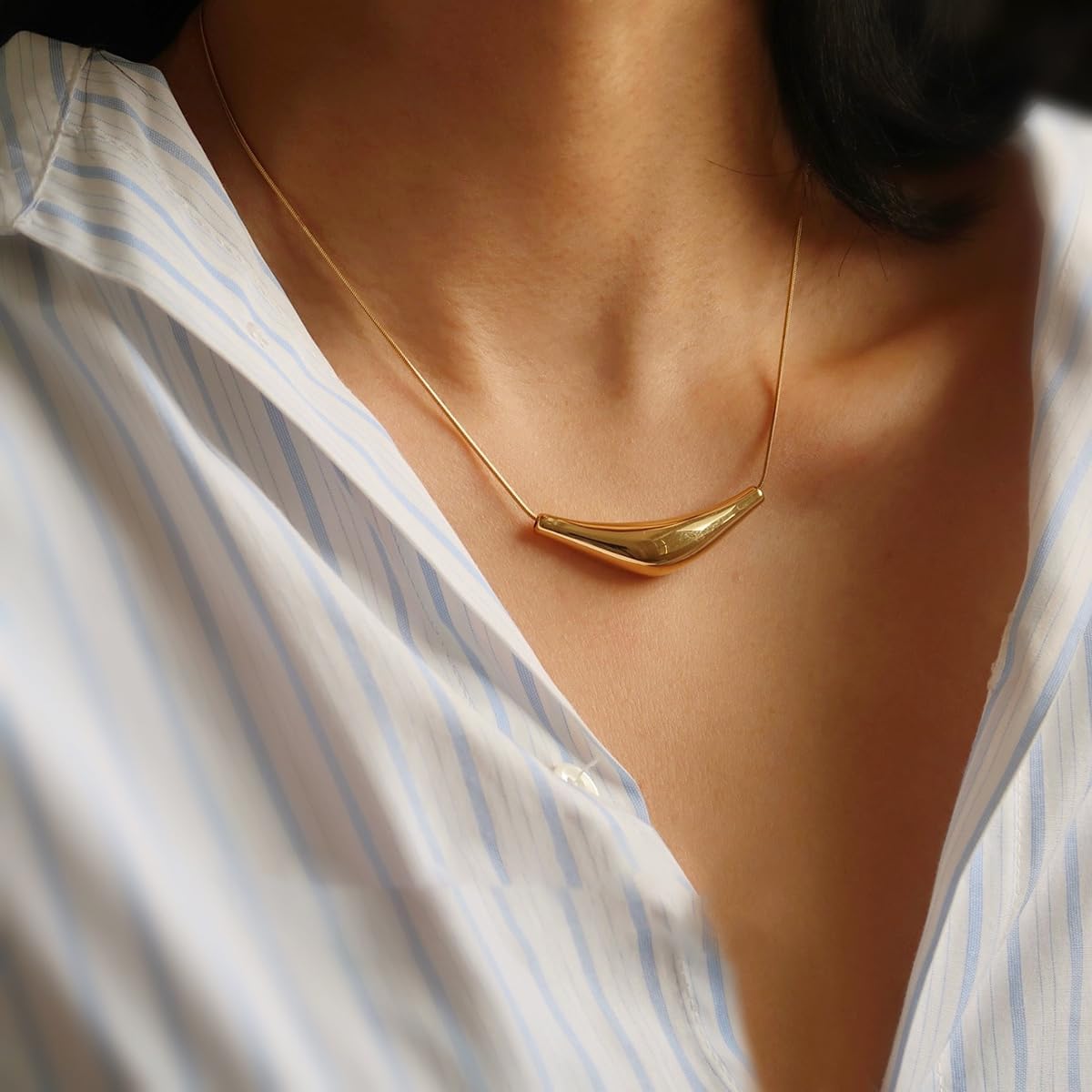 Stailess Steel Metal Curved Bar Tube Pendant Necklace for Women Dainty Snake Chain Statement Necklace Chunky Horizontal Round Tube Choke Necklaces - Image 3