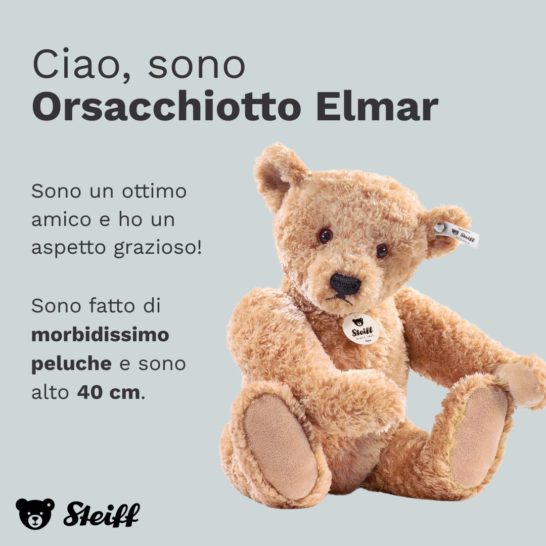 Steiff Peluche Orsacchiotto Elmar, dolce animale di stoffa con occhi in plastica per bambini, ragazzi e ragazze, pupazzo di 40 cm, beige, 022463