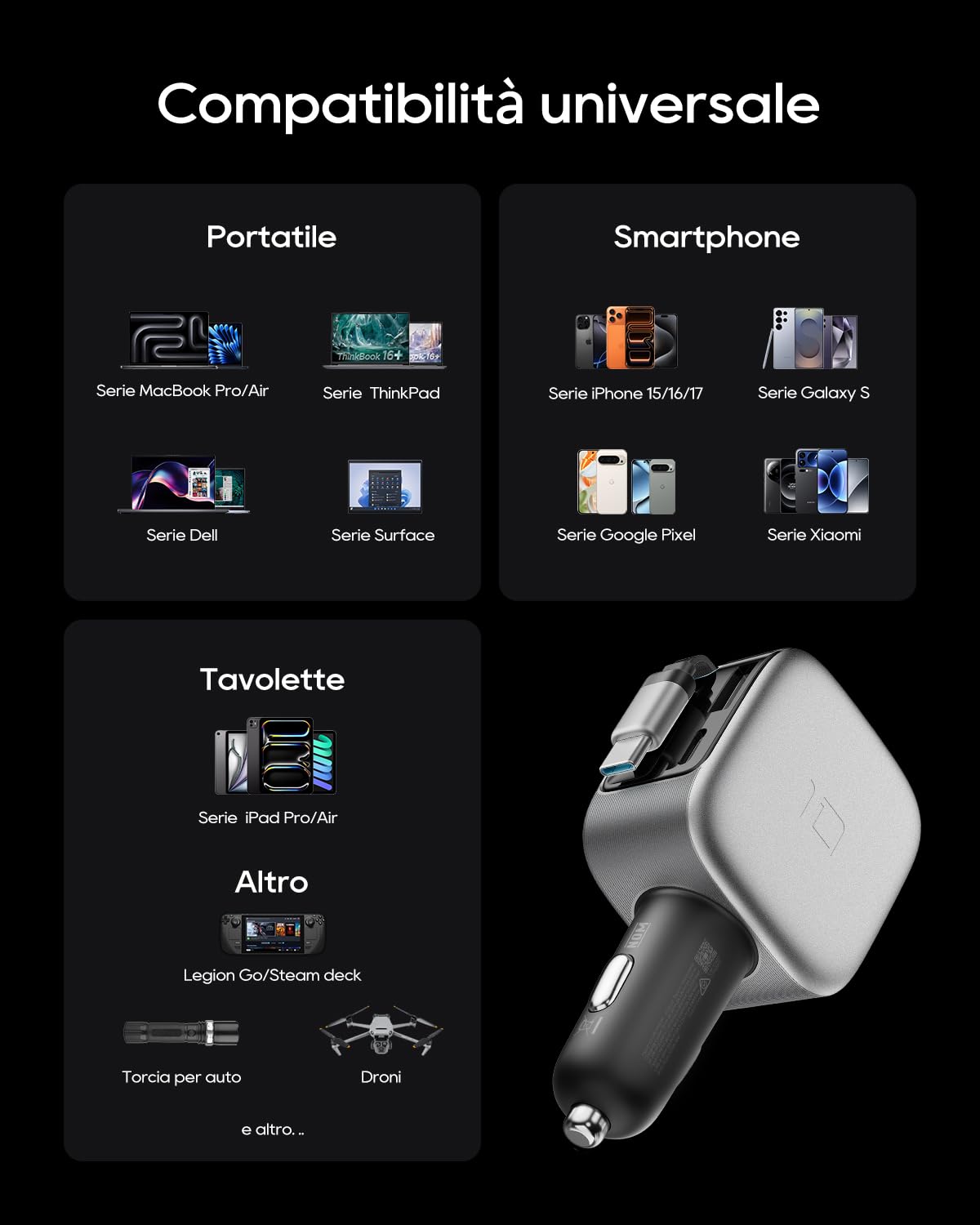 CUKTECH 85W Retrattile Caricatore Auto, Caricabatteria Accendisigari USB C 3 Porta (2C1A) Ricarica Rapida Compatibile con iPhone 17 Pro Max Air/iPhone 16/15/14, Galaxy S25/24, MacBook, iPad Pro