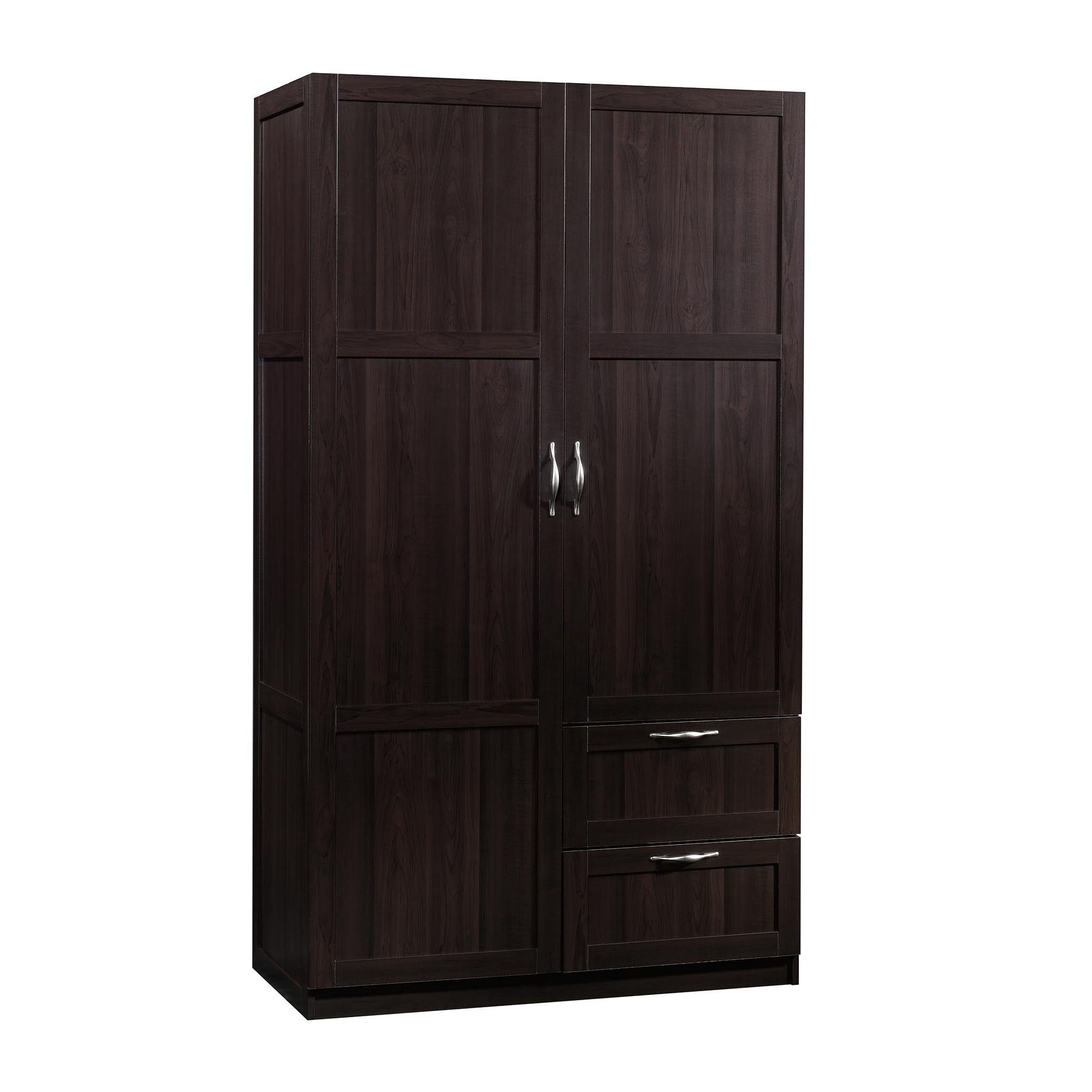 Photo 1 of Sauder Select Multipurpose Bedroom Armoire Wardrobe Closet Pantry Storage Cabinet with Storage Drawers and Hanging Rail, in Cinnamon Cherry