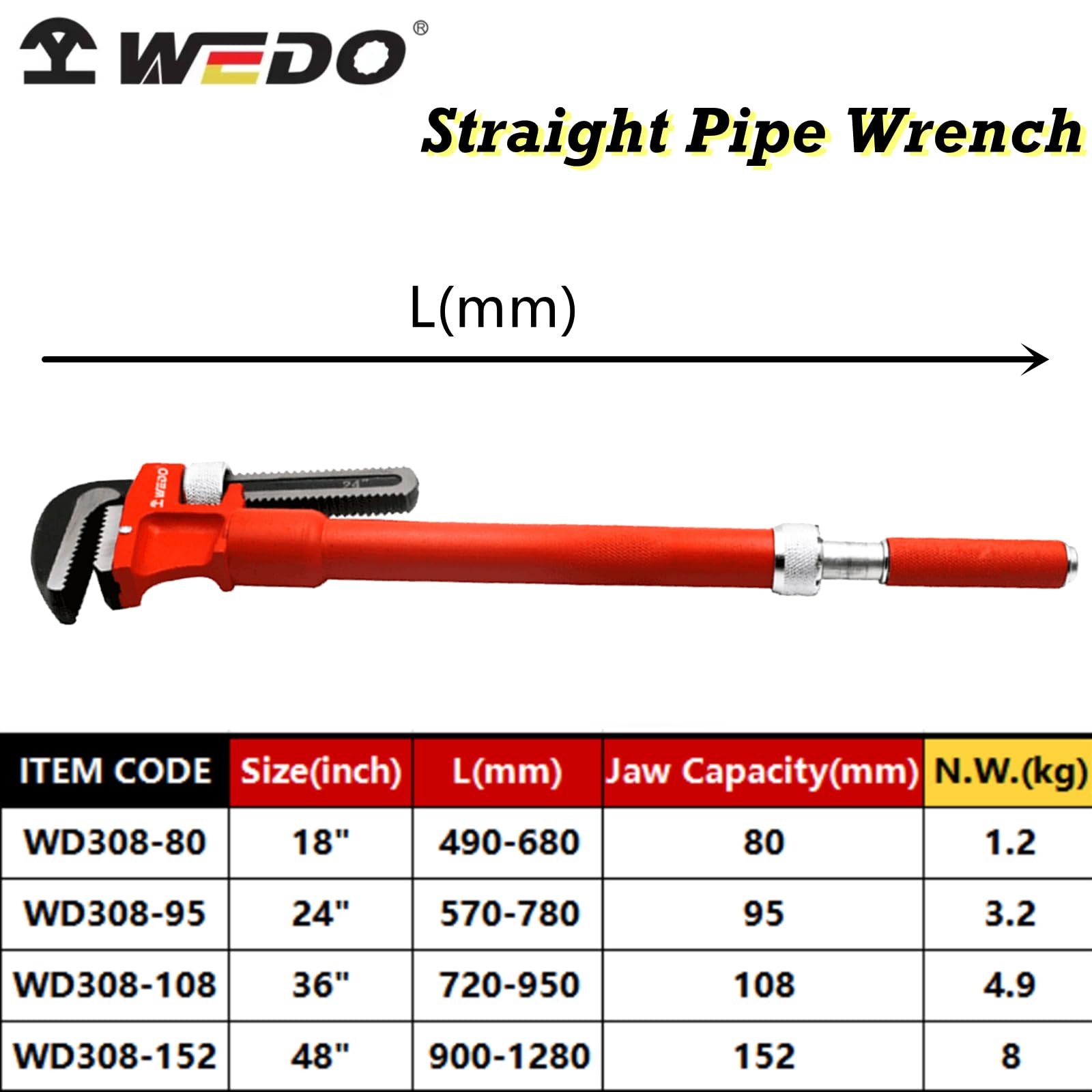 WEDO Llave de tubo, llave de tubo resistente de 36 pulgadas, llave de fontanería ajustable con mango extensible, llave de tubo recta ajustable, capacidad de mandíbula 108 mm