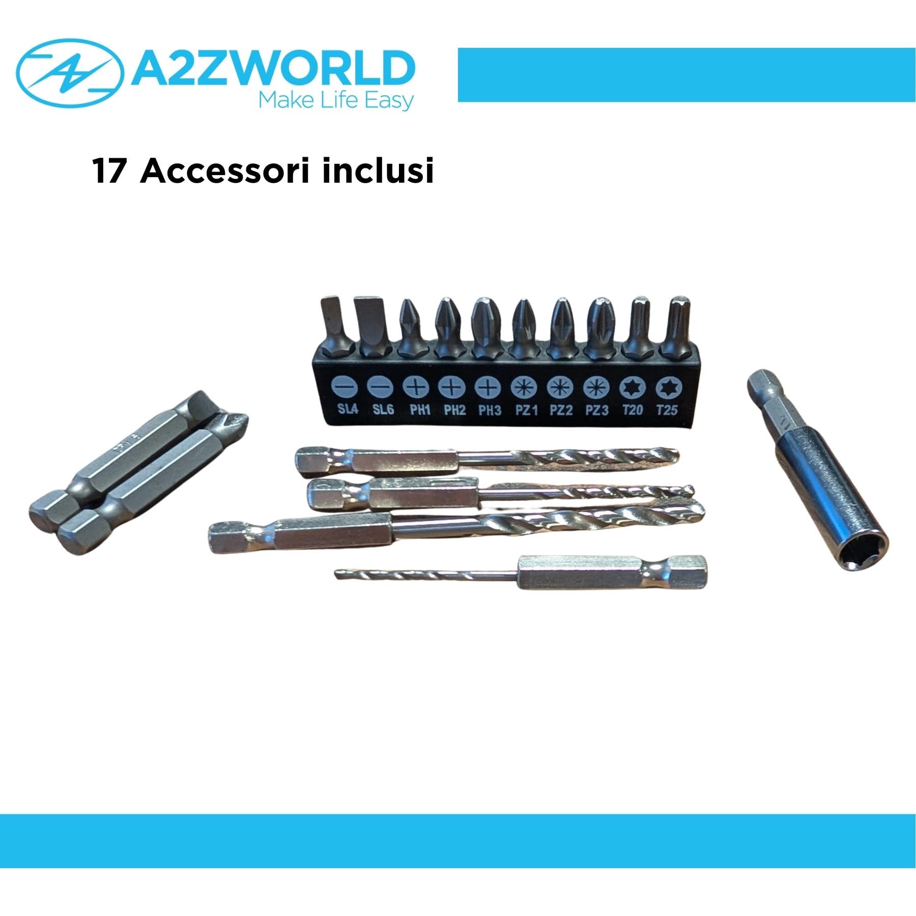 Avvitatore Elettrico 8V USB Type-C, Controllo Coppia 6Nm con 16 Regolazioni, 220 rpm, Impugnatura Pistola e Lineare, Set 17 Accessori, Valigetta Inclusa, Con Led Indicativo