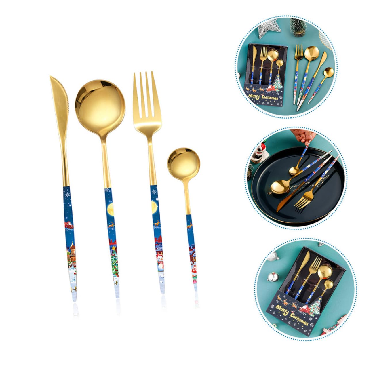 PRETYZOOM 4 Juegos Juego de Cubiertos de Navidad vajilla de Comida para Banquetes Cubiertos de Viaje Cubiertos navideños Tenedores cucharas vajilla de Navidad cuchillería