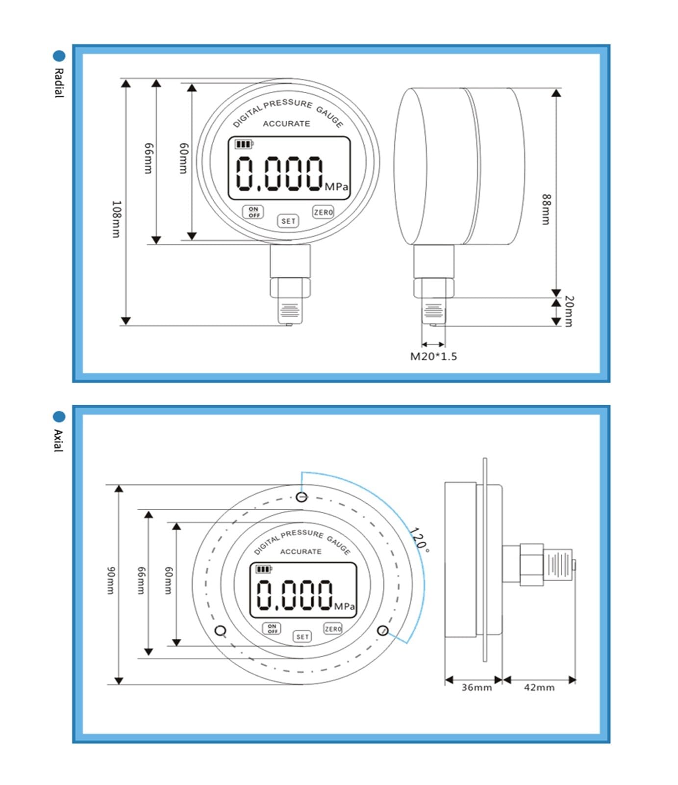 Manómetro Digital de vacío hidráulico 0-1000bar, conector macho Axial G 1/4, manómetro agua, Gas y aceite, 4'' Fácil de instalar | 100mm dial diameter,0-4Mpa