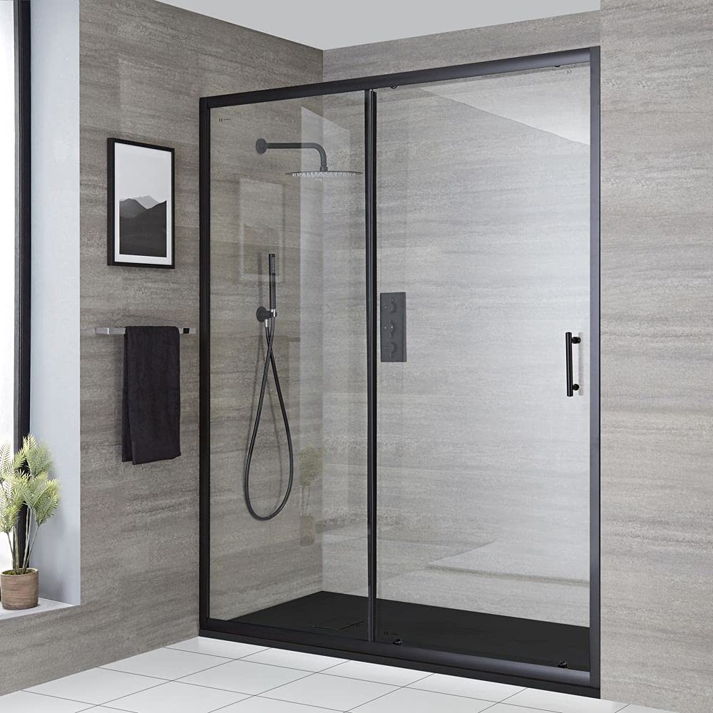 Milano Nero Black Walk in Sliding Door Shower Enclosure Graphite Tray - 1700 x 900mm