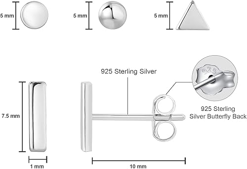 Miniatura 2 de Aretes tipo dormilona de plata de ley 925 para mujeres y hombres, aretes hipoalergénicos, 4 pares de aretes de plata de ley chapados en oro blanco