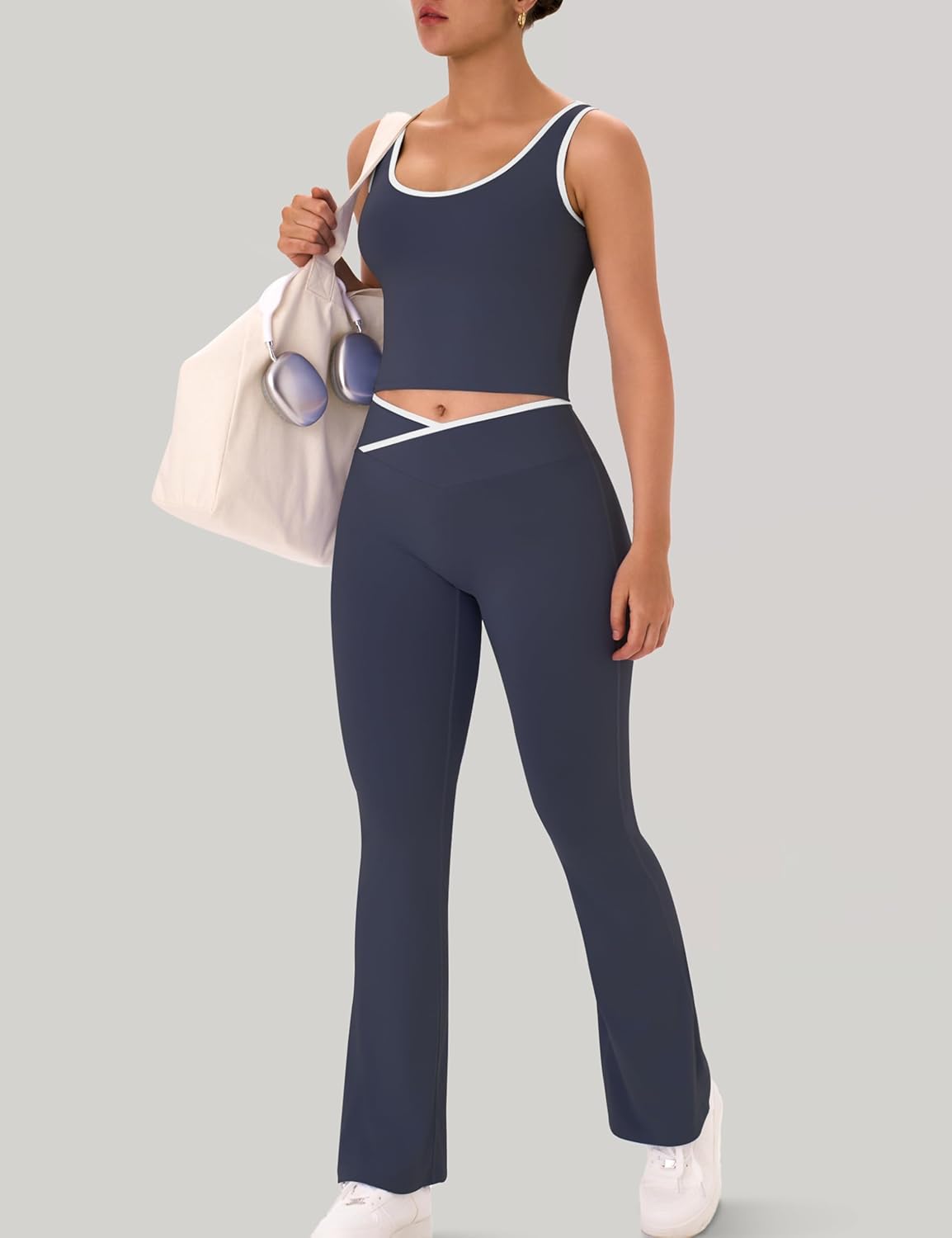 OLCHEE Womens Workout Sets 2 Piece Gym Yoga Outfits Crossover Flare Leggings Crop Tank Top with Contrast Trim - Image 4