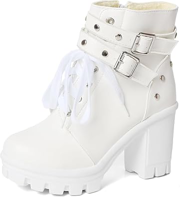 MEOTINA Women Goth Boots Platform Chunky Heel Buckle Combat Ankle Booties