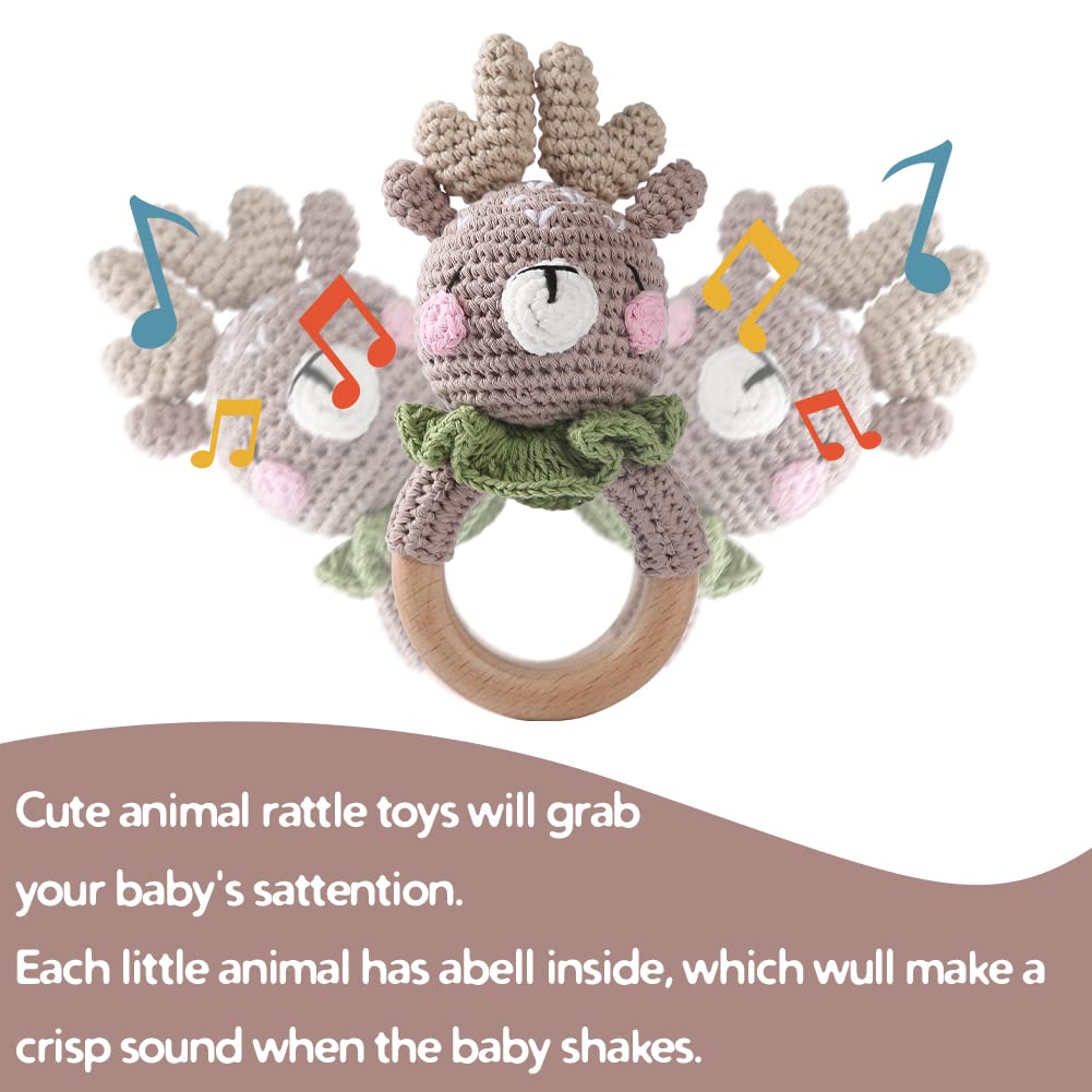 Youuys Baby Rattle - Wooden Crochet Animals Grasping Toy with Sound - Handmade Rattle for Newborn Gift for Boy and Girl (Elk) - Image 4