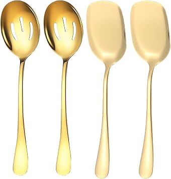 4 Pcs Stainless Steel Large Serving Spoons Shovels Long Handle Slotted Spoon for Serving Kitchen Cooking Restaurant Banquet Gold