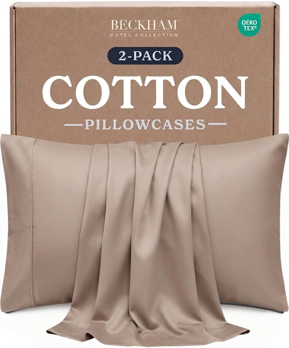 Beckham Hotel Collection Pillowcases Queen Size Set of 2, Cool Touch Cotton Sateen Fabric, 500TC, Silky Smooth & Soft, Open End, Sand