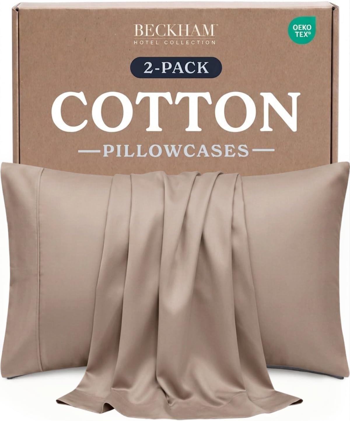 Beckham Hotel Collection Pillowcases Queen Size Set of 2, Cool Touch Cotton Sateen Fabric, 500TC, Silky Smooth & Soft, Open End, Sand