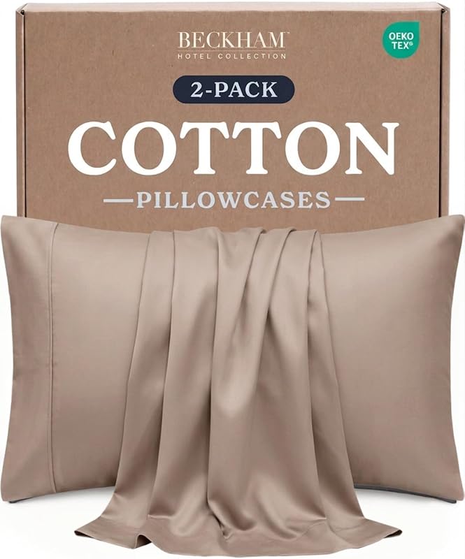 Beckham Hotel Collection Pillowcases Queen Size Set of 2, Cool Touch Cotton Sateen Fabric, 500TC, Silky Smooth & Soft, Open End, Sand
