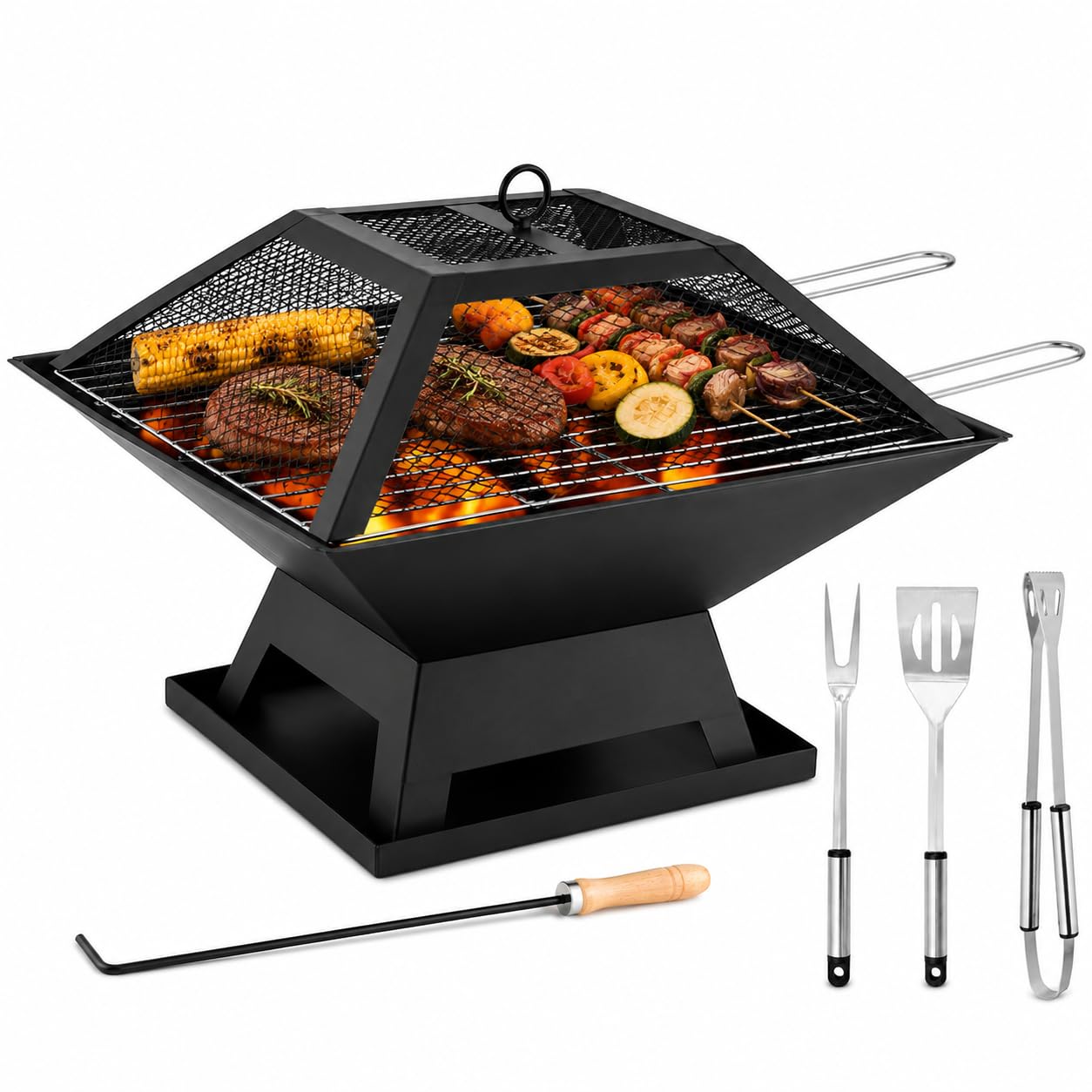 garden mile® Foyer carré avec grille de barbecue et tisonnier - Chauffage de jardin en métal - Noir - Barbecue - Décoration de terrasse - Foyer portable - Couvercle en maille