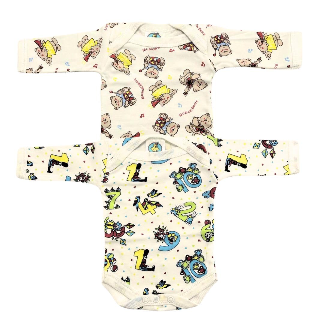 Junior Joy Newborn Baby Printed Bodysuits Cream, 100% Cotton, Super Soft, Long Sleeves, Envelope Neck, Popper Fastening for Easy Nappy Change, Durable, Machine Washable, Pack of 2