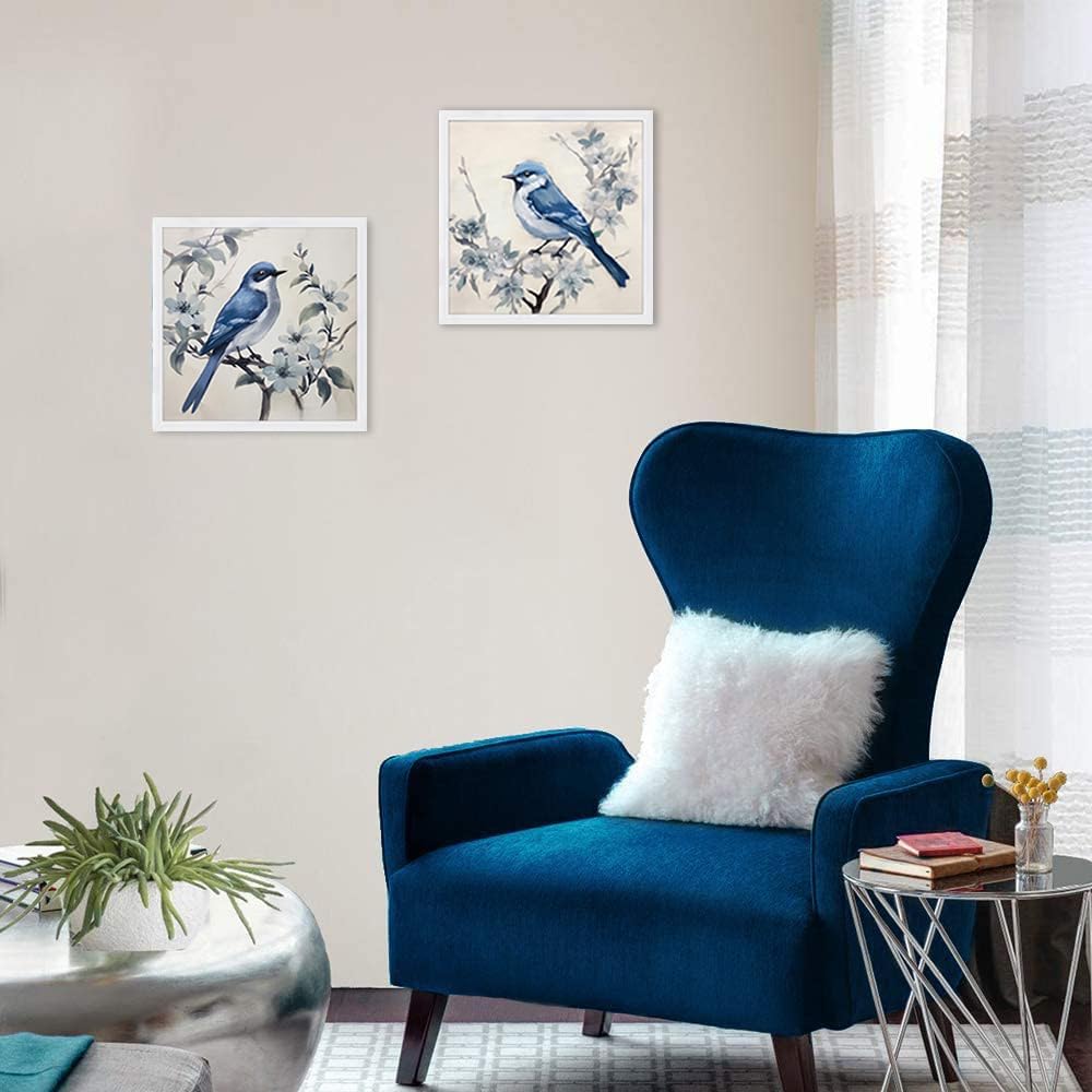 Kunstorner Blue Bird Pictures Wall Decor Set of 2 Pictures with Branches and Cute Bird Decor for Kitchen Bedroom (12"X12"X 2 Panel) unframed