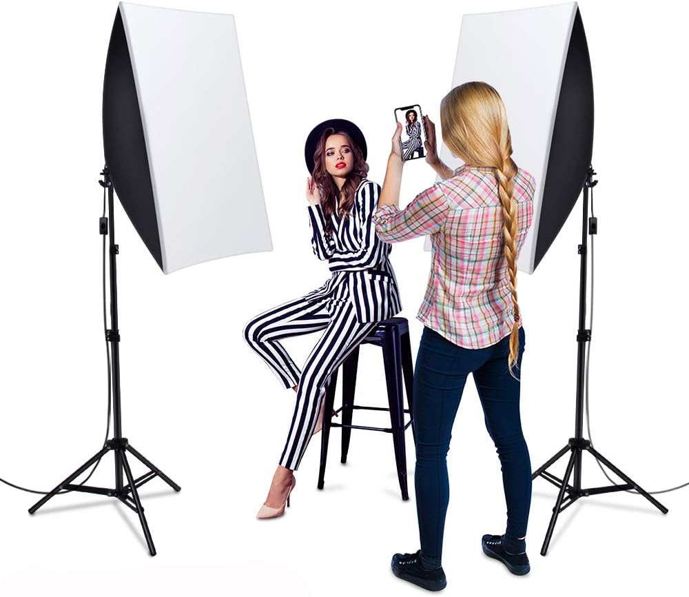 Softbox Photography Lighting 85W, Heorryn Continuous Softbox Lighting Kit 20"X28" Professional Photo Studio Equipment with 2M Adjustable Stand and 5500K LED Bulb for Video Filming Portraits (2 Pack)