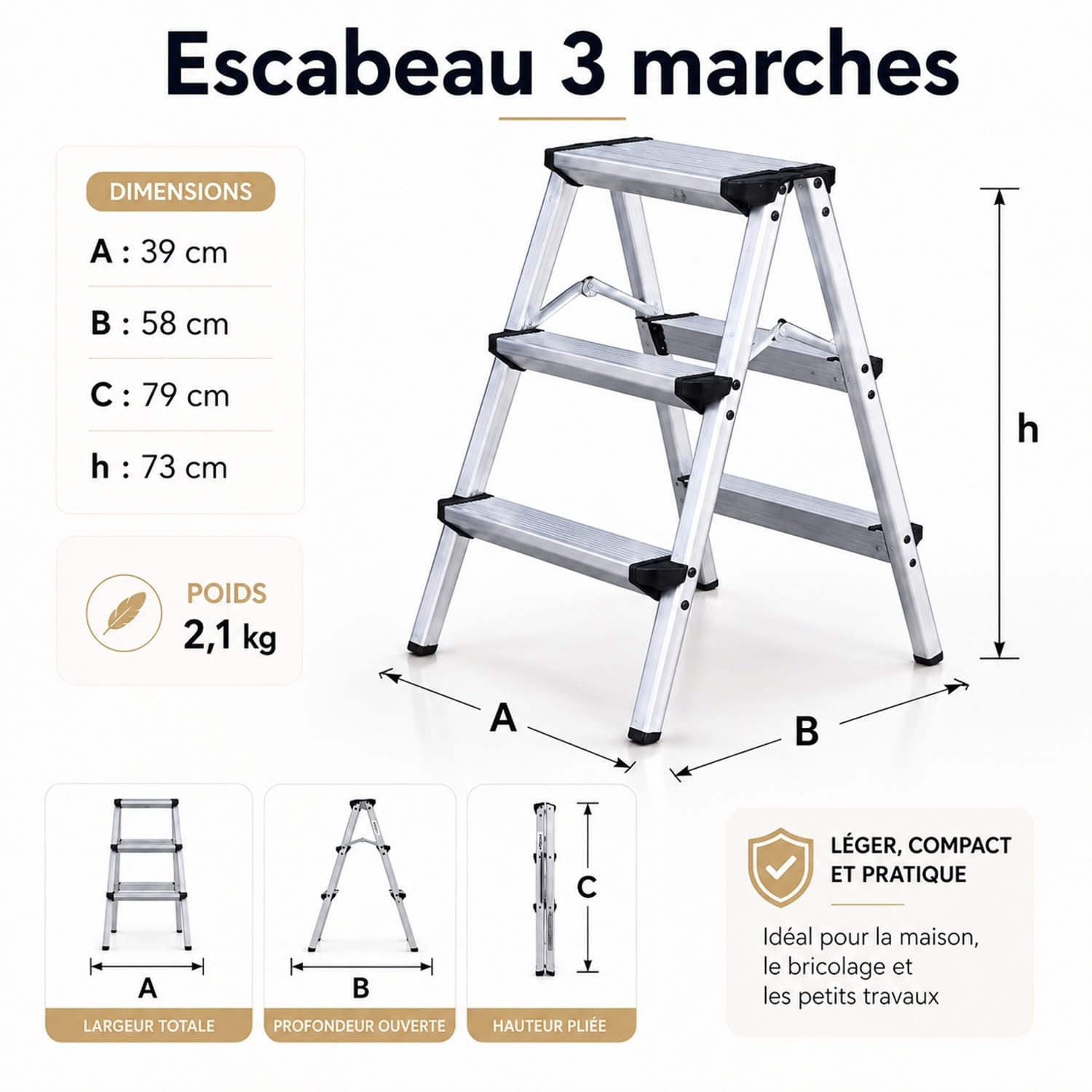 Step Marchepied Double Pliable en Aluminium 3 marches