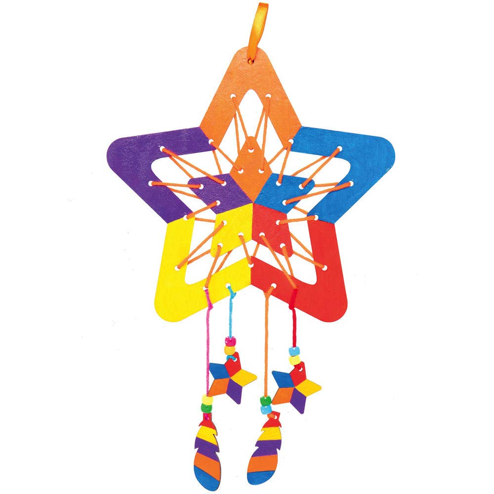 Baker Ross AX407 Kits D'Attrape-Rêves Étoile En Bois - Paquet De 4, Créez Vos Propres Attrape-Rêves Pour Les Arts Et L'Artisanat Pour Enfants, Des Décorations Murales Et Une Introduction À La Couture