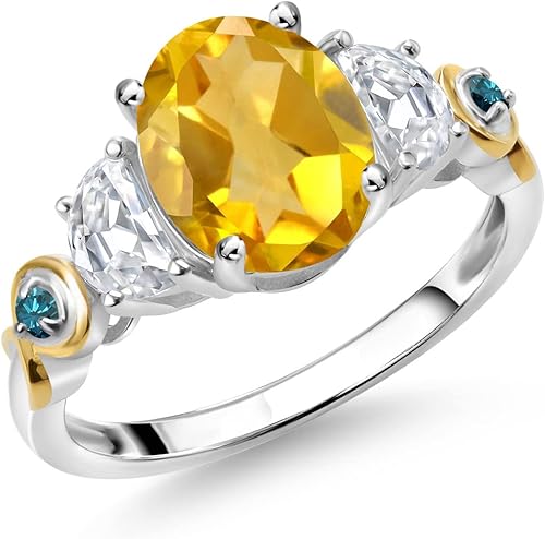 Anillo ovalado de 3 piedras de plata 925 y oro amarillo de 10 quilates citrino amarillo y piedra gema moissanita creada King 201 quilates