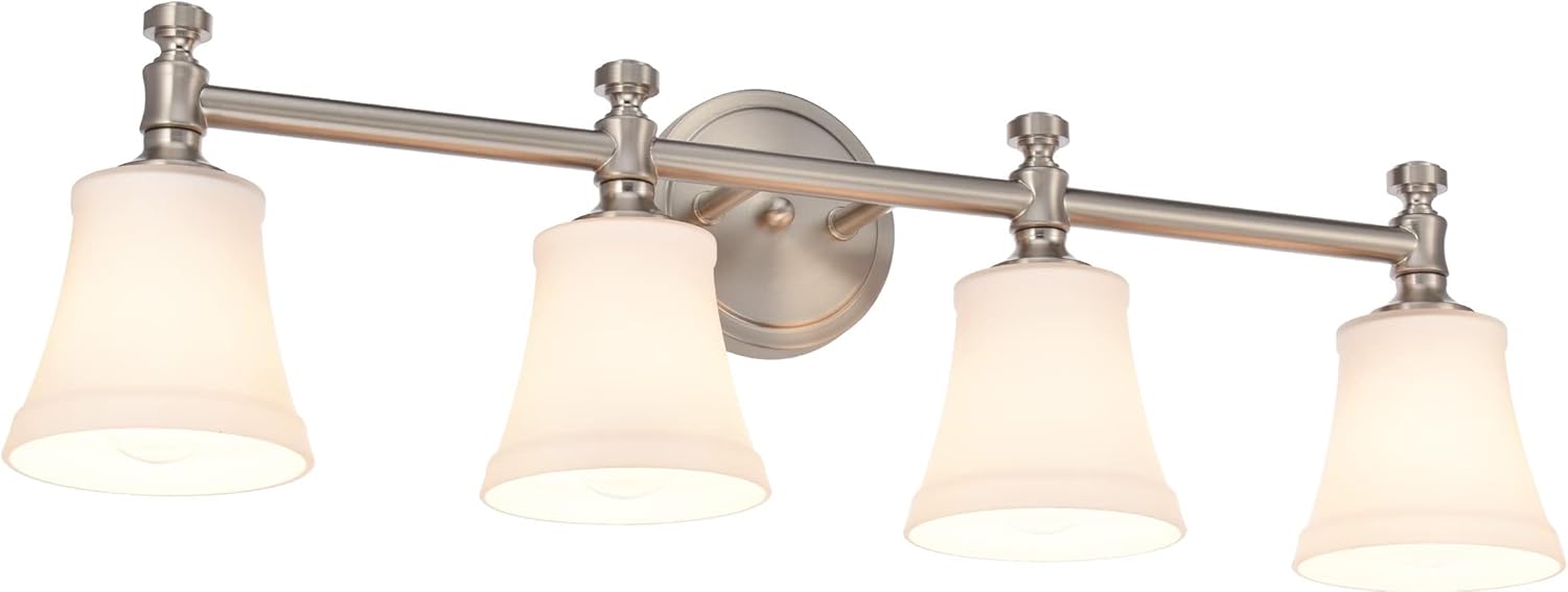 Bathroom Vanity Light Fixtures, Traditional Brushed Nickel 4 Lights Wall Sconce Lighting with Opal Glass Shade, Porch Wall Mount Light Fixture for Bathroom, Mirror Cabinets Hallway Stairs Brushed Nickel 4-Light